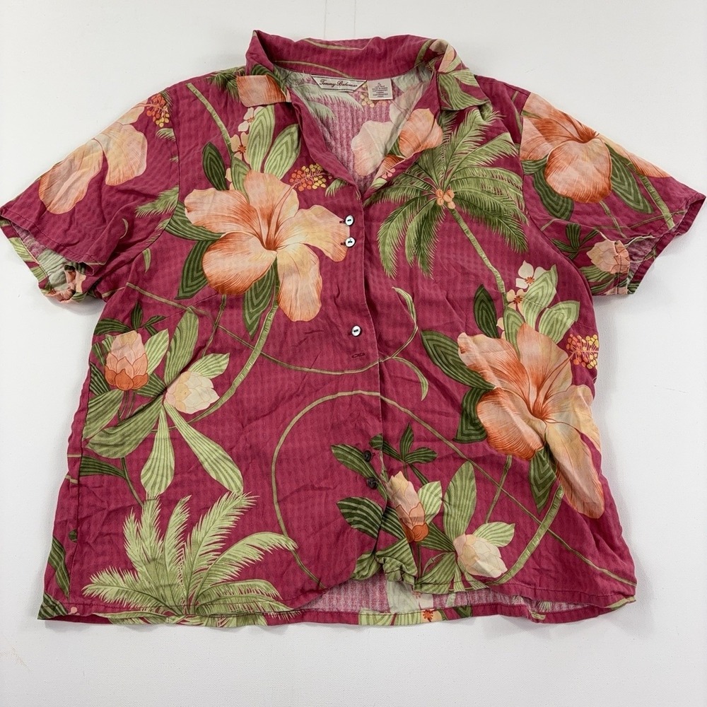 Tommy Bahama Shirt Womens XL Pink Floral Collared Short Sleeve Silk Hawaiian